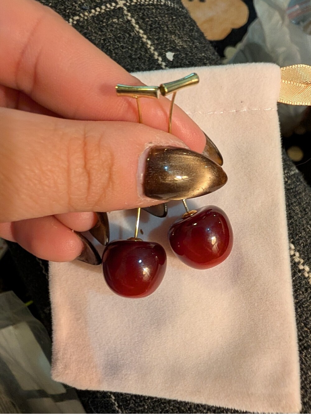 Cherry Dangle Earrings with Gold Tone Stems